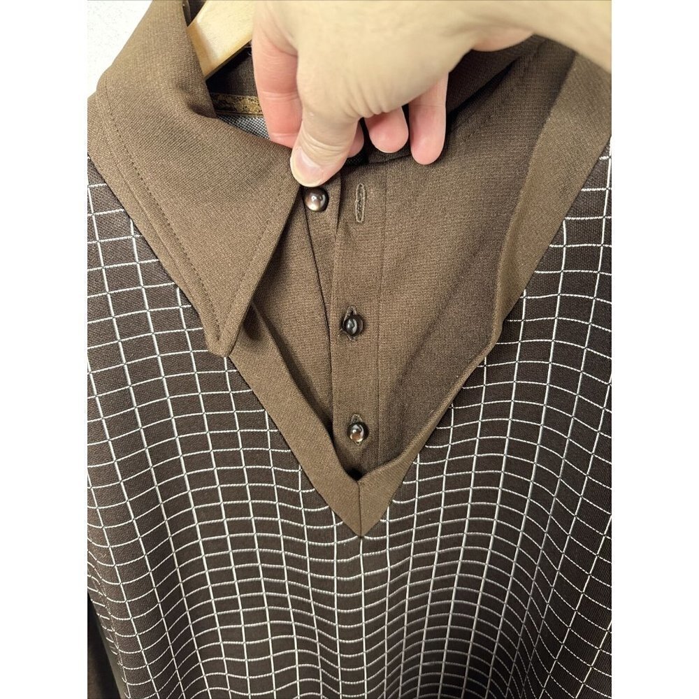 Vintage 60s 70s Hand Tailored Shirt‎ Woman L Polyester Disco Mod Brown - Picture 8 of 8